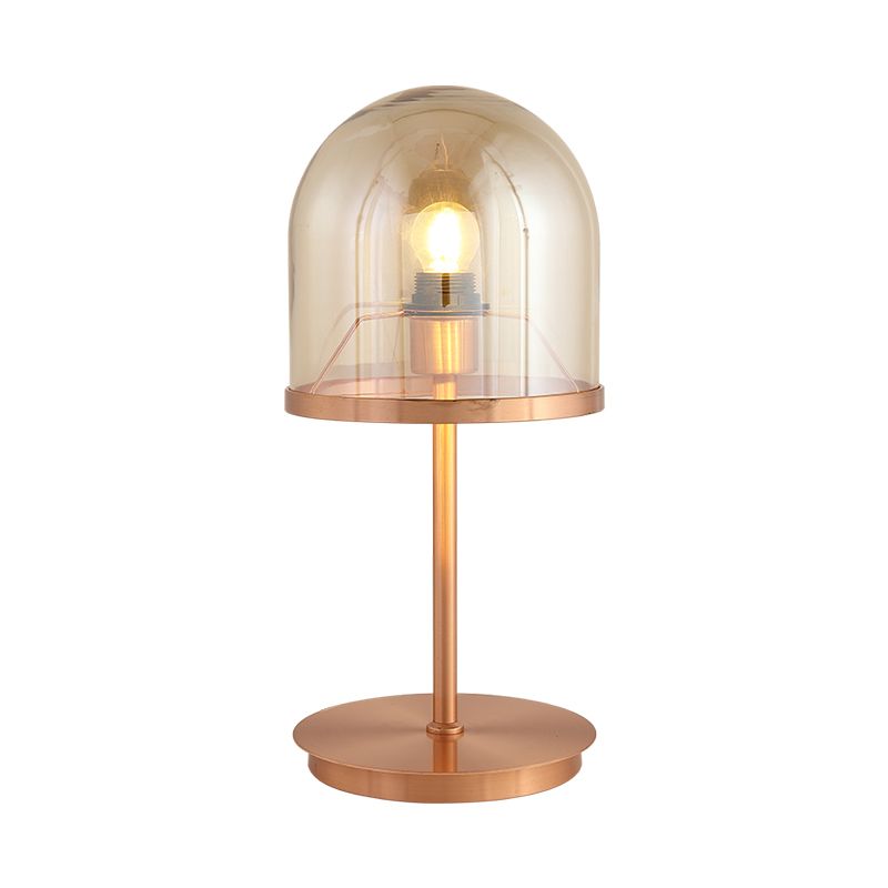 1-Head Restaurant Night Lamp Modernism Rose Gold Metal Table Lighting with Dome Amber Glass Shade