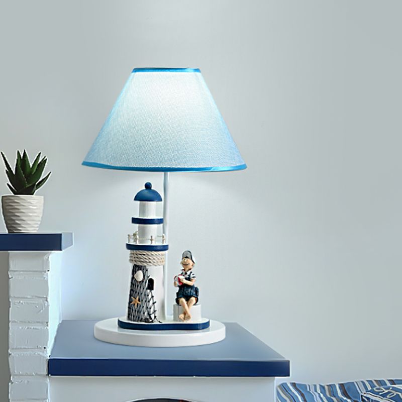 Compito conico illuminazione per bambini tessuto in stile camera da letto a 1 testa leggera con ragazzo/ragazza e lighthouse deco in blu