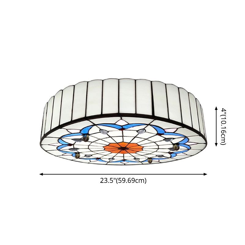 Drum Ceiling Mount Light Mediterranean Stained Glass Flush Mount Fixture for Bedroom