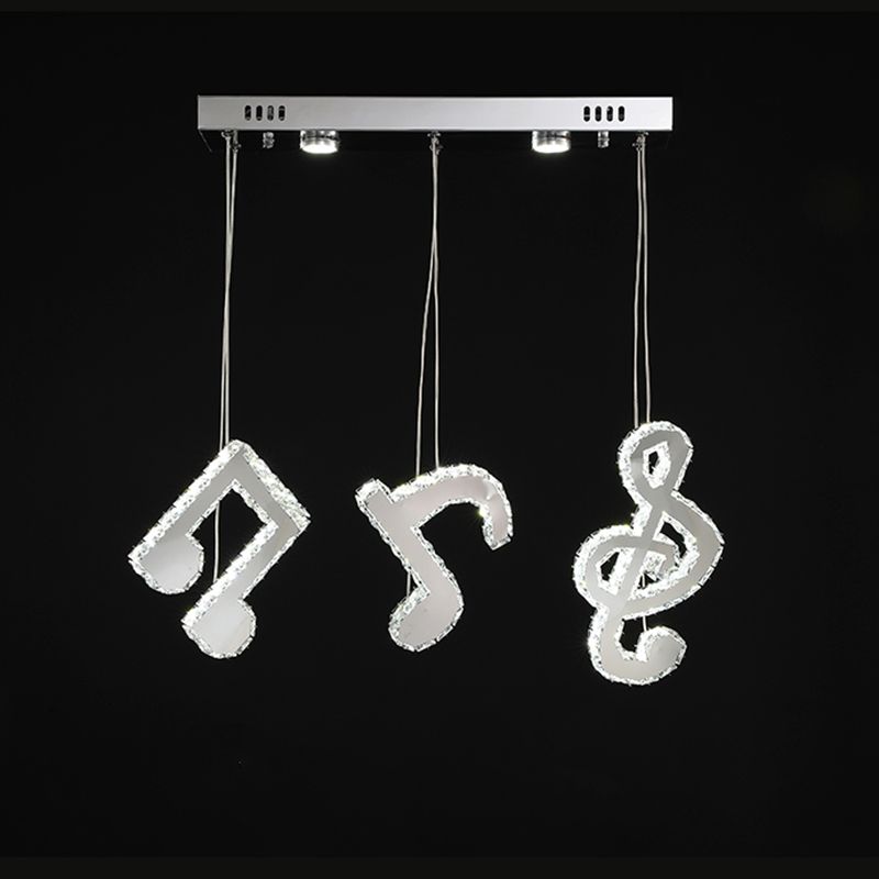 Stainless-Steel LED Swag Pendant Light Modern Clear Beveled Crystals Musical Note Suspension Lamp