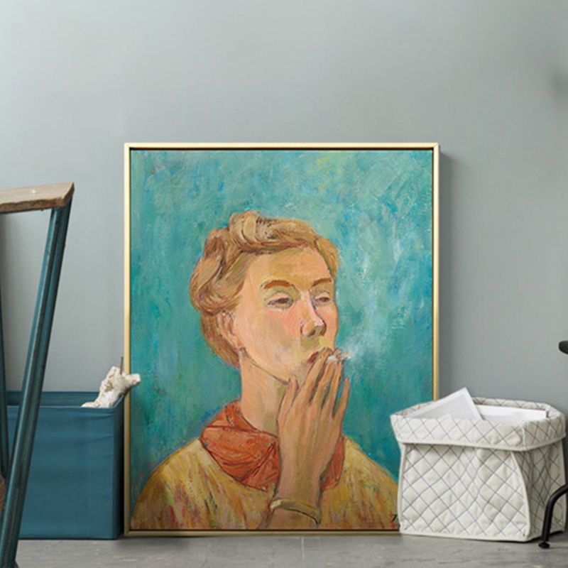 Modern Painting Boy Smoking Canvas Yellow Textured Wall Art Print for Living Room