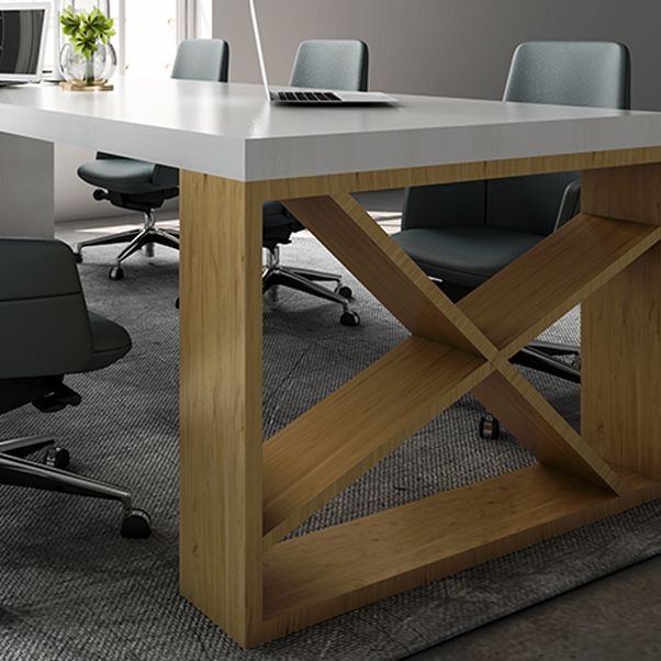 Mesa moderna de madera de pino para mesa blanca rectangular de restaurante con base de pedestal doble