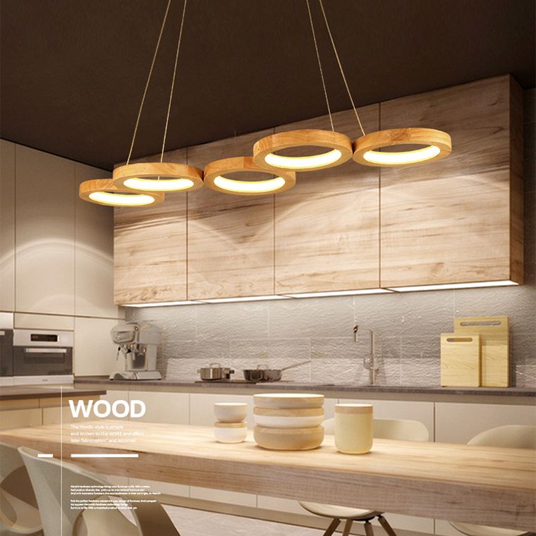 Orbicular Chandelier Light Fixture Minimalist Wooden Dinning Room LED Chandelier Pendant Light in Wood