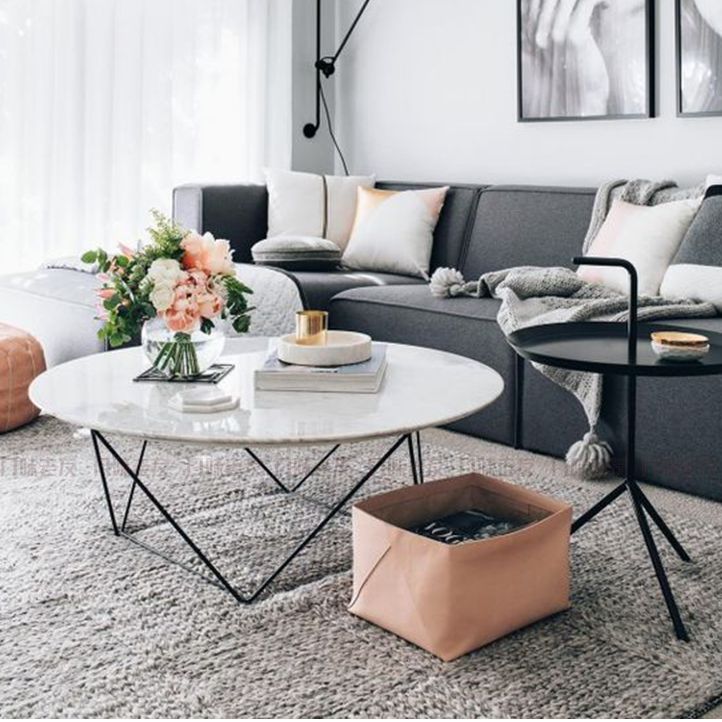 Frame Base Coffee Table Round Black/White Stone Cocktail Table