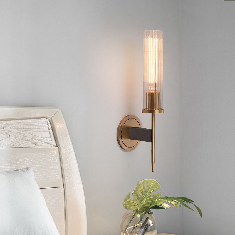 Cylinder Shape Sconce Lamp Nordic Style Brass Wall Light with Pressed Ribbed Glass Shade