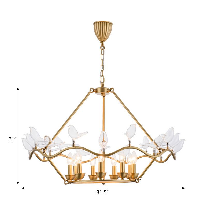 Metallblumenkorb Kronleuchter Lampe moderne 9 Lampen Gold Anhänger Beleuchtung mit klarem Glasvogel