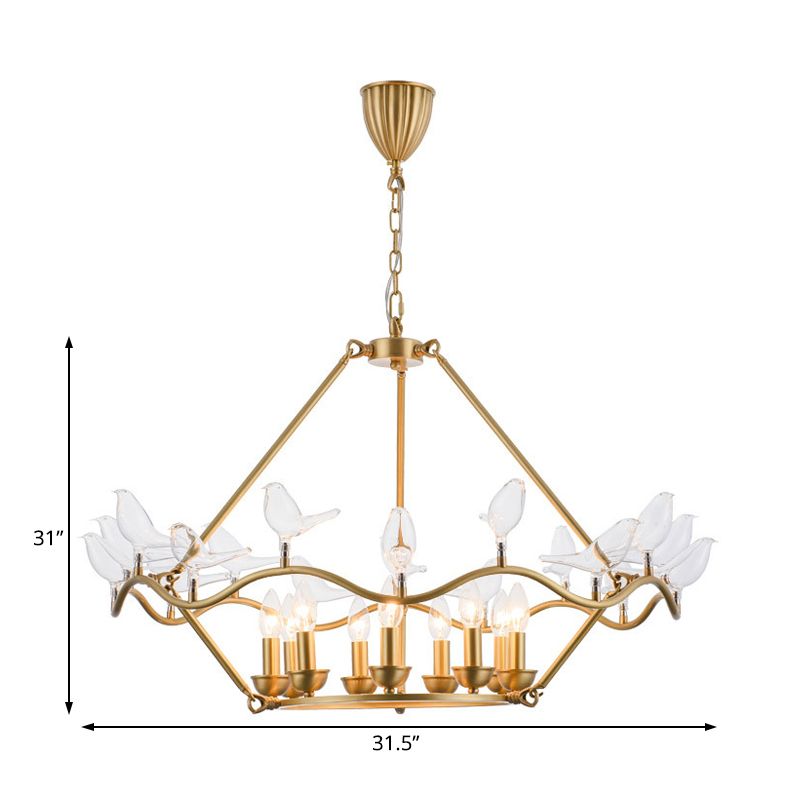 Panier de fleurs en métal lampe à lustre moderne 9 ampoules Gold Pendant Lighting Piscussion avec oiseau en verre transparent