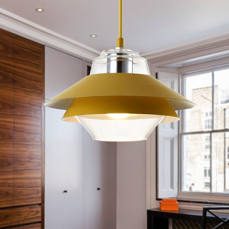 Gray/Yellow Flared Hanging Pendant Light Macaron Stylish 1 Light Metal Hanging Lamp with Inner Clear Glass Shade