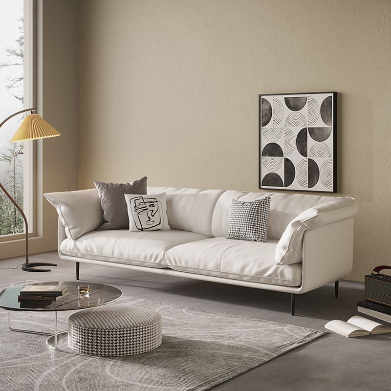 Modern 34.64" H White Genuine Leather Pillow Top Arm Sofa For Living Room