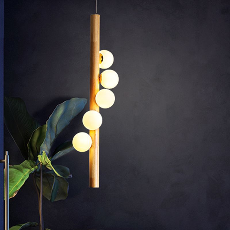 Modo Chandelier Lighting Contemporary Cream Glass 5 Heads Restaurant Pendant Light in Wood