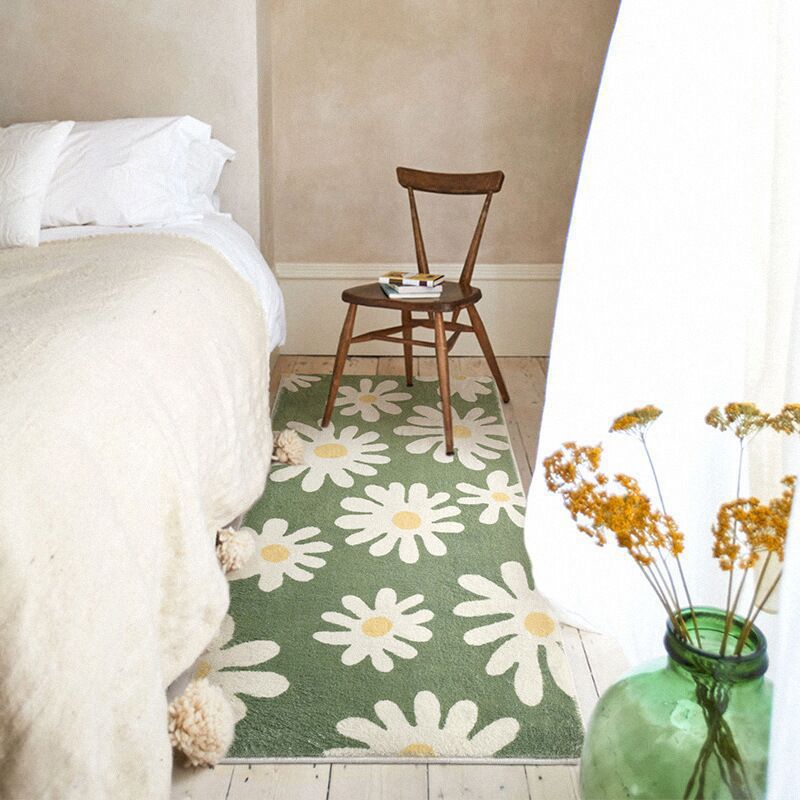 Green Flower Print Rug Polyester Modern Rug Washable Rug for Home Decor