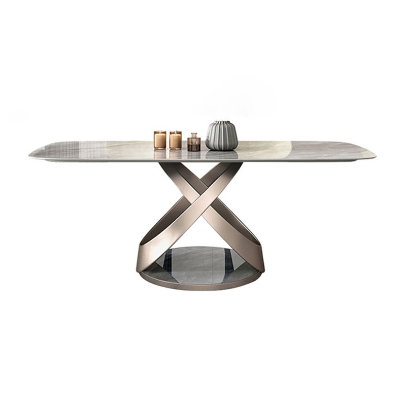 Luxury Sintered Stone Top Table Rectangle Grey Table with Gold Metal Pedestal
