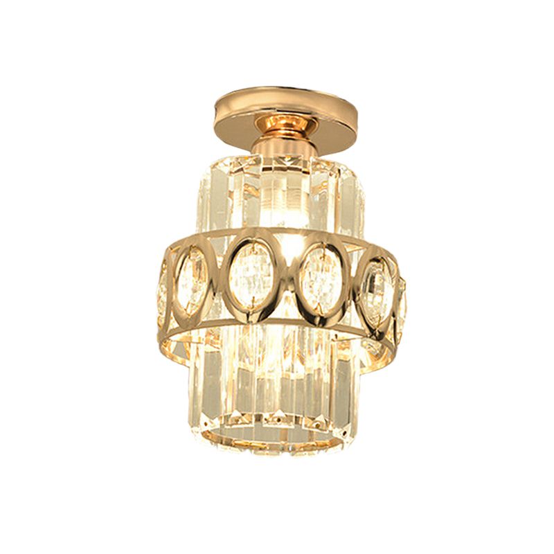 Prism de cristal cilíndrico integrado moderno de 1 canal, lámpara de techo semiincorporada, con hojas protectoras redondas / doradas