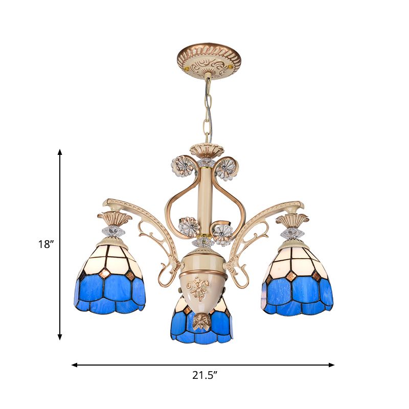 Blue Glass Dome Chandelier with Adjustable Chain 3 Lights Pendant Lighting for Foyer