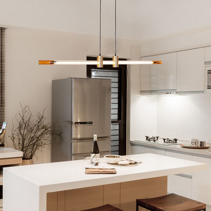 Lámpara de la isla de metal dorado moderna luz colgante de restaurante lineal de 1 luz con sombra de vidrio