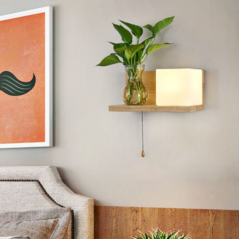 Minimalism Square Wall Light Fixture 1 Head White Glass LED Wall Sconce Lighting in Wood, Left/Right