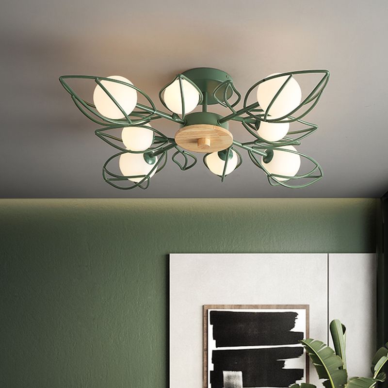 Pétalos de alambre verde Candelera Nordic Nordic 8 luces Metálico Semi Flush Techo de techo con sombra de vidrio orbe