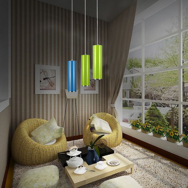 11"/19"/23.5" H Blue/Green Metal Cylinder Pendant Lamp Simple Style 1 Head Bar Hanging Pendant Light in Warm/White