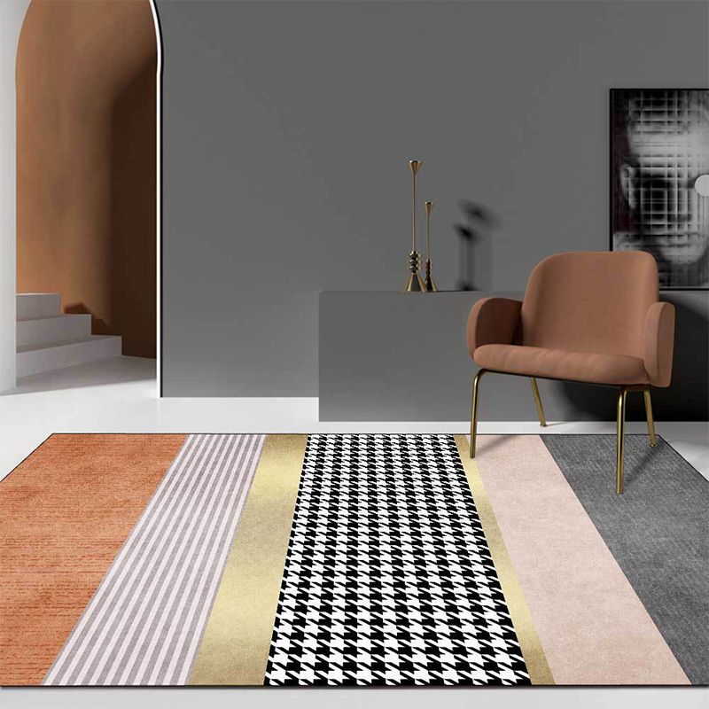 Contemporary Houndstooth Pattern Rug with Stripe Multicolor Polyester Rug Machine Washable Non-Slip Area Rug for Bedroom
