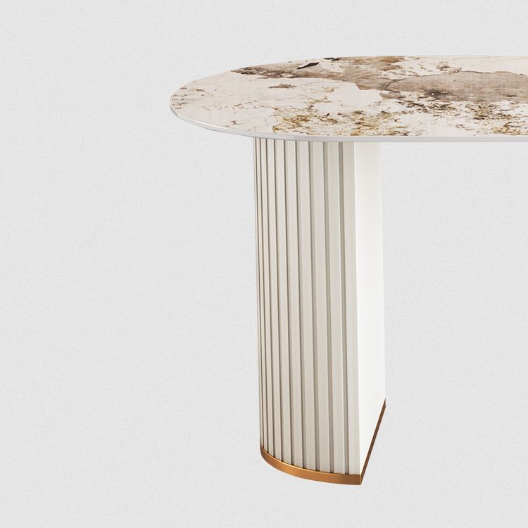 Metal Modern Oval Dining Table Sintered Stone Top Table with Double Pedestal