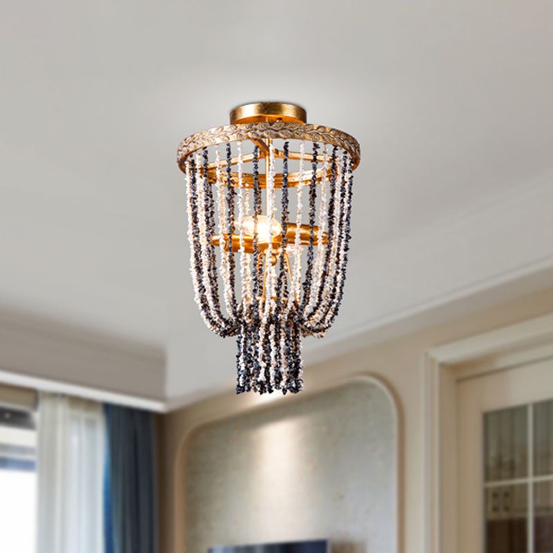 Basket Dining Room Flush Lighting Antiqued Metal 2 Lights Brass Flushmount with Stone Chain