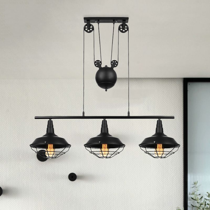 Farmhouse Barn Island Pendant 3 Lights Metallic Pendant Lighting with Cage Shade and Pulley in Black