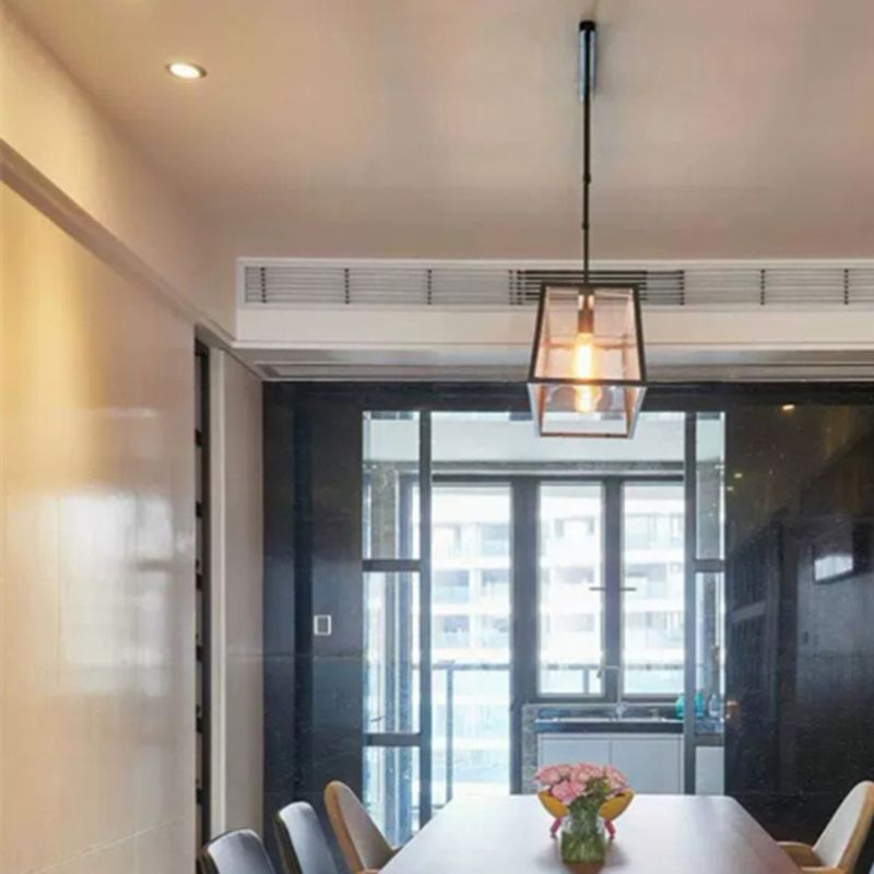 Trapezoid Clear Glass Pendant Light Antique 4 Heads Dining Room Hanging Island Light in Black