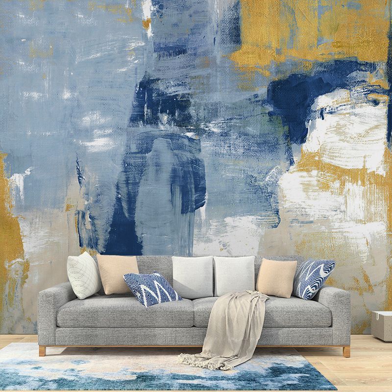Vinilo Mural Original de Acuarelas para Cafetería, Azul y Amarillo, Hecho a Medida