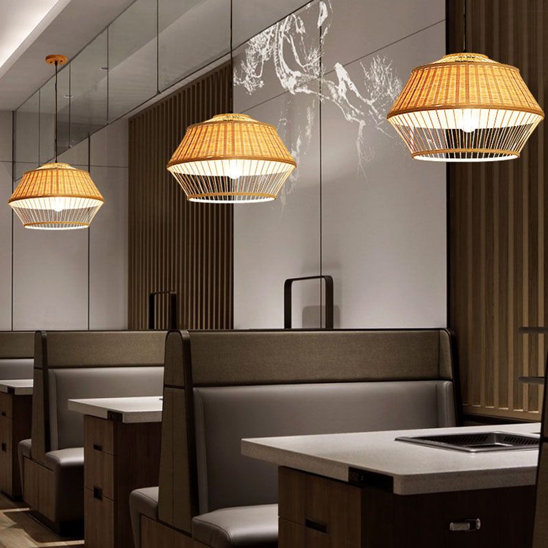 Hand Twisted Ceiling Suspension Lamp Asian Rattan 1 Bulb Bedside Pendant Light in Wood