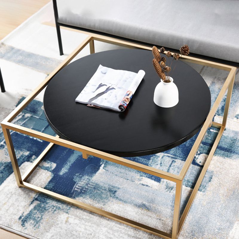 Metal Frame Base Coffee Table Round Solid Wood Cocktail Table in Black