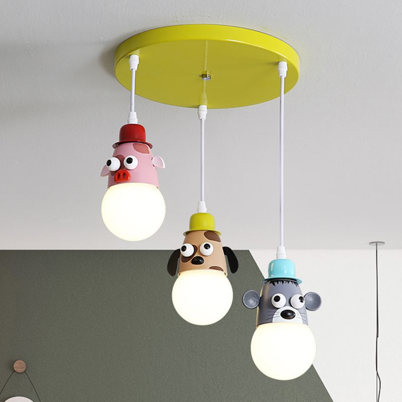 Cartoon Animals Multi Light Pendant Metallic 3 Heads Kids Room Hanging Ceiling Lamp in Yellow and Green
