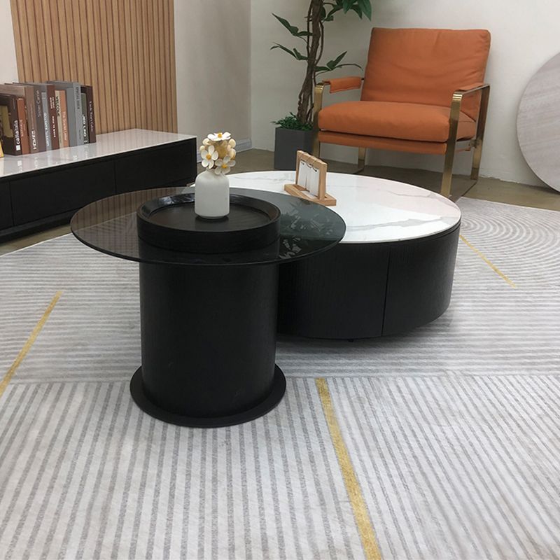 Round Stone Coffee Table Pedestal Nesting Coffee Table Set with Drawer