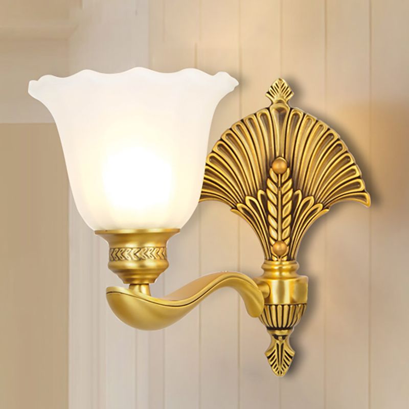 Scalloped Bedroom Sconce Lamp Colonial Style Milk Glass and Metal 1/2-Light Gold Finish Wall Light Fixture