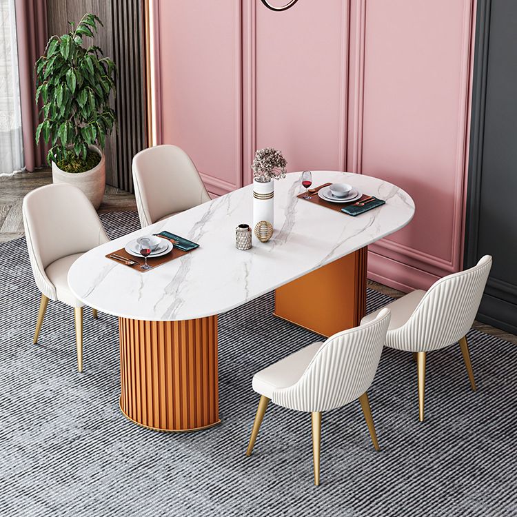 White Oval Stone Dining Table Double Pedestal Furniture for Kitchen