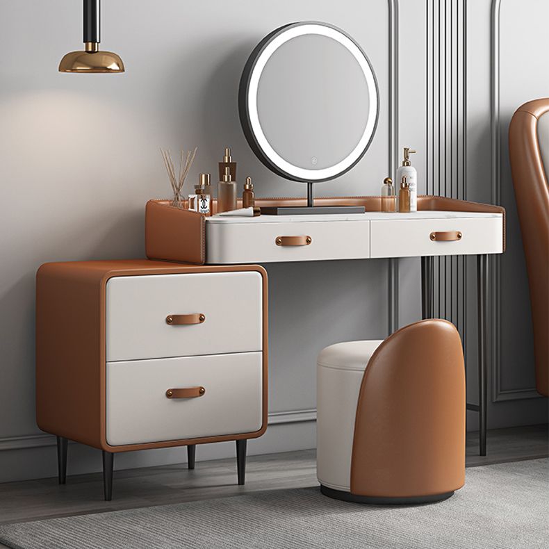 Stone Top Make-up Vanity Orange Solid Wood Vanity Dressing Table Set