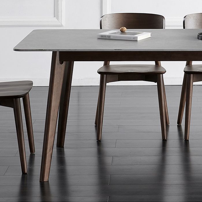 Stone Rectangle Top Table Mid-Century Modern Dining Table with 4 Wood Legs