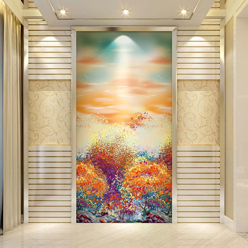 Contemporary Orange and Yellow Mural Extra Large Wall Art with Forest and Sky Pattern for Home Decoration