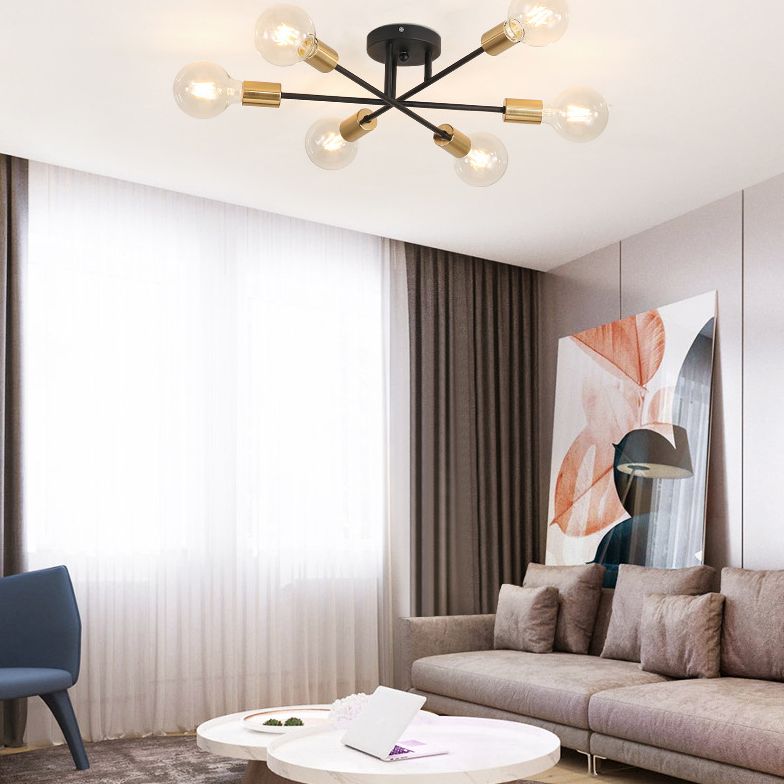 27.5 Inches Wide Bare Bulb Ceiling Lighting Fixture 6-Lights Industrial Style Simplicity Metal Semi Flush Mount Lamp