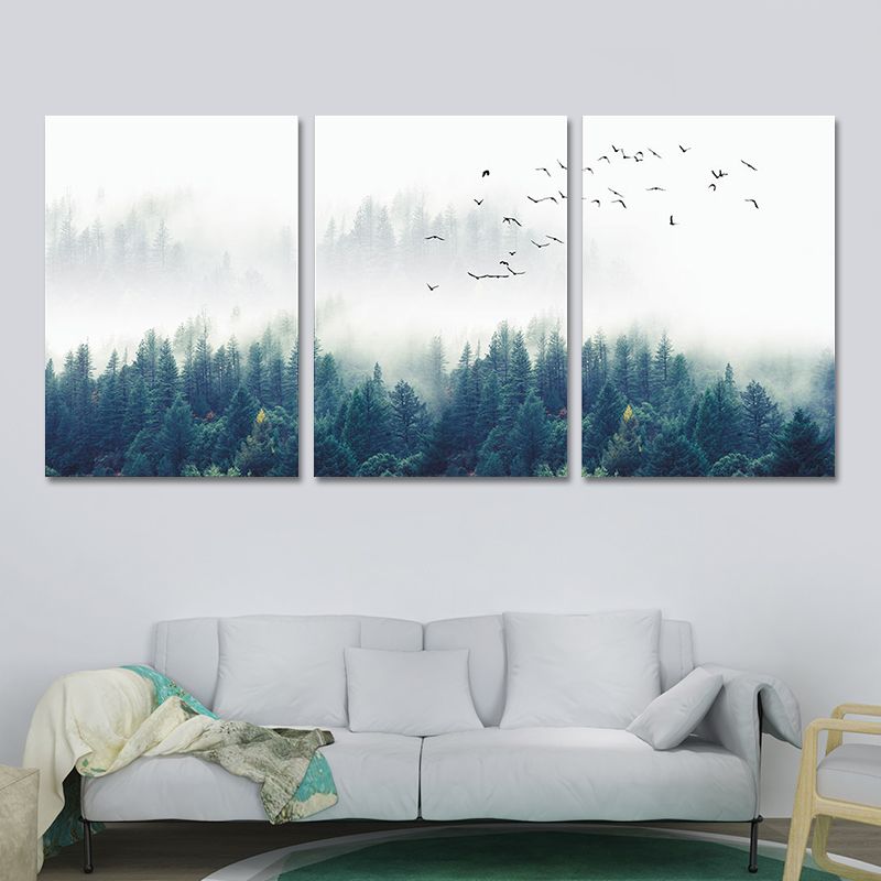 Textured Green Canvas Print Modern Bird Flocks Flying over Misty Forest Wall Art Set