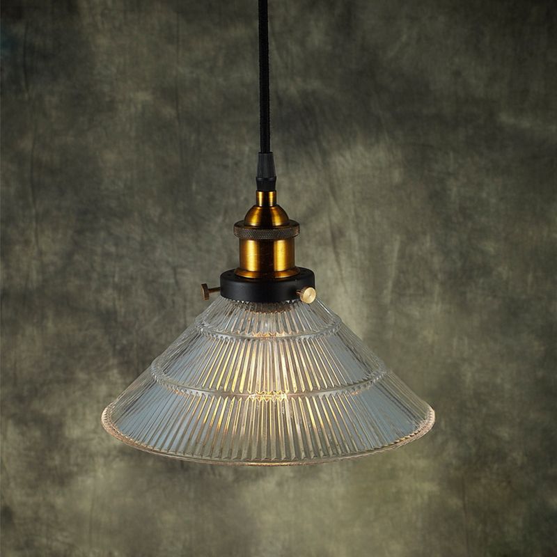 Schwarz/Messingkegel-Anhänger Deckenleuchte Bauernhaus Rippenglas Single-Bulb-Esszimmer Hängende Lampe