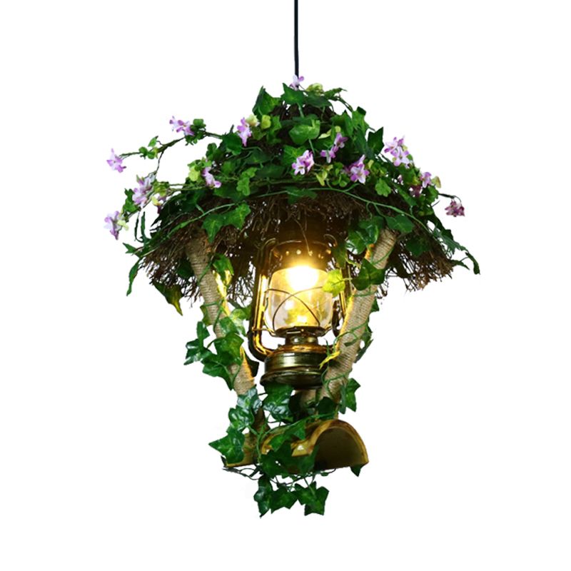 1 Glühbirne Bambus Anhänger Leuchte Leuchte Industrielle grüne Zylinder/Kerosinlampe Restaurant LED -Pflanze Hängelampe