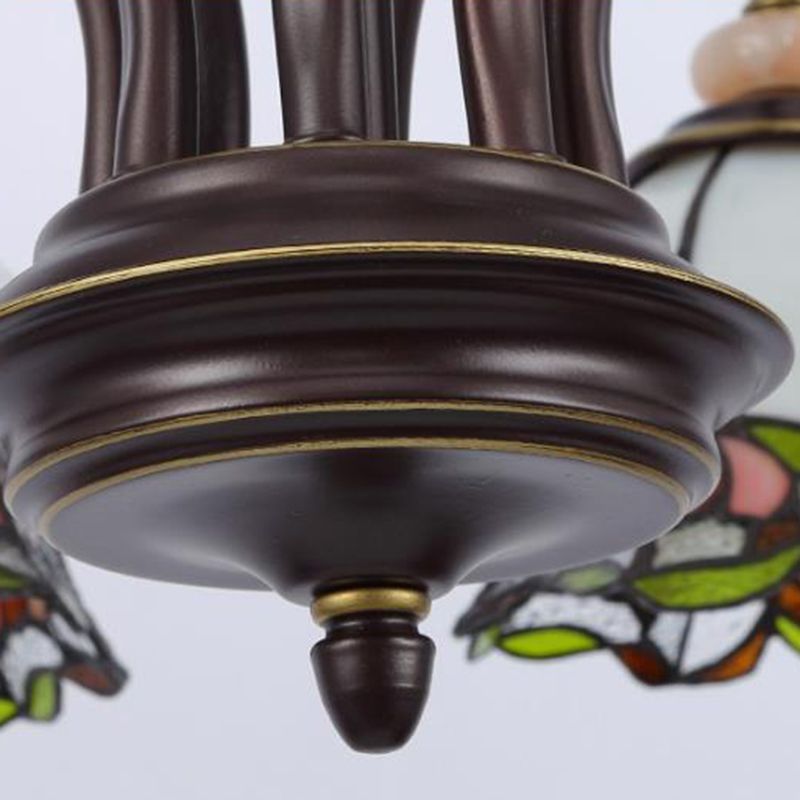 Tiffany Flower Chandelier Lamp 3/6/8 Lights Stained Glass Suspension Lighting in Black for Living Room