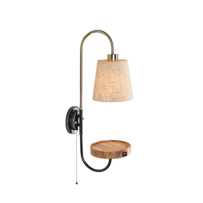 Conical Fabric Pull Chain Wall Mount Lamp Modern Single Wood Sconce Light with USB Port and Wood Rack