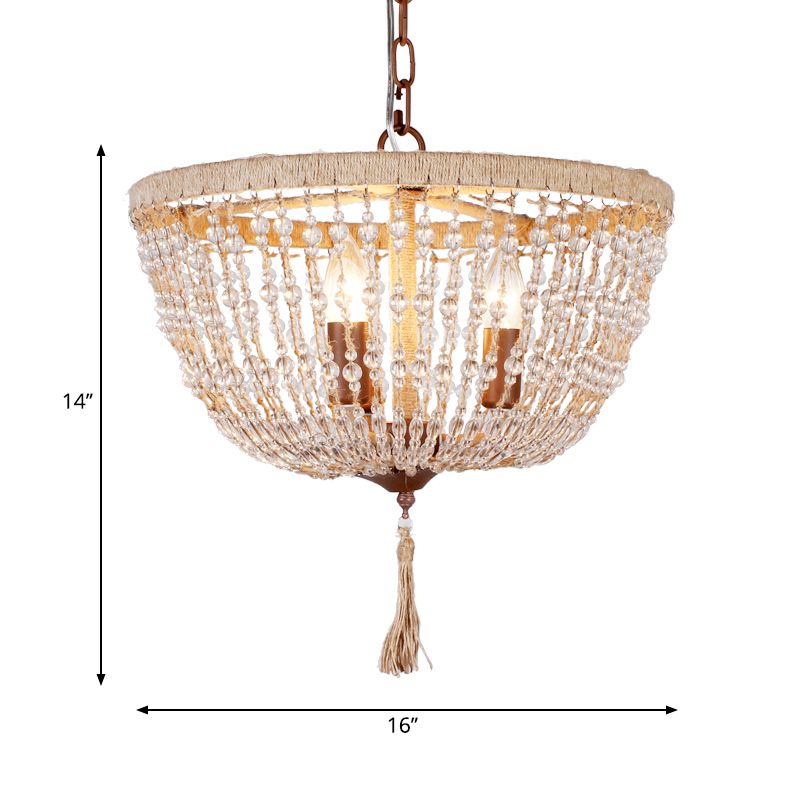 Lodge Style Bowl Chandelier Lamp Clear Crystal Bead 3 Lights Hanging Pendant Light with Rope Detail in Brown