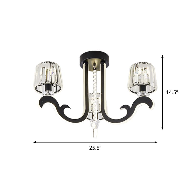 3-Light Bedroom Semi-Flush Ceiling Light Modern Black LED Flush Mounted Lamp with Cone Crystal Block Shade