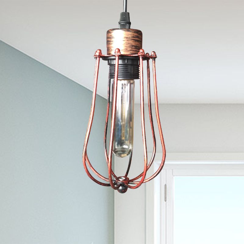 Wrought Iron Caged Hanging Pendant Light Rustic Industrial 1 Head Coffee Shop Suspension Light in Aged Silver/Weathered Copper