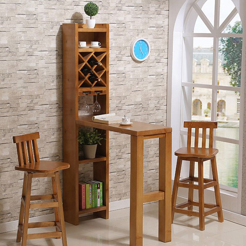 Brown Pine Wood Bistro Table with Storage Modern Pub Table for Home