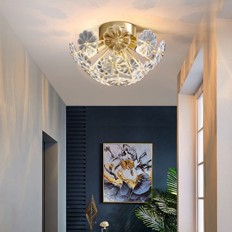 Crystal Flower Semi Mount Lighting Modern Stylish Gold Finish Flush Ceiling Light for Bedroom