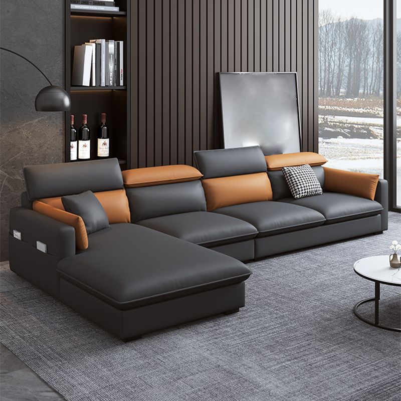 Contemporary Sofa & Chaise Faux Leather Sofa with Bolster Pillows