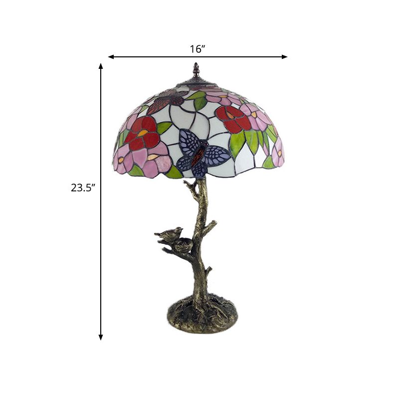 Stained Glass Brass Table Light Leaf/Rose/Peony Single Head Tiffany Style Nightstand Lamp for Bedroom